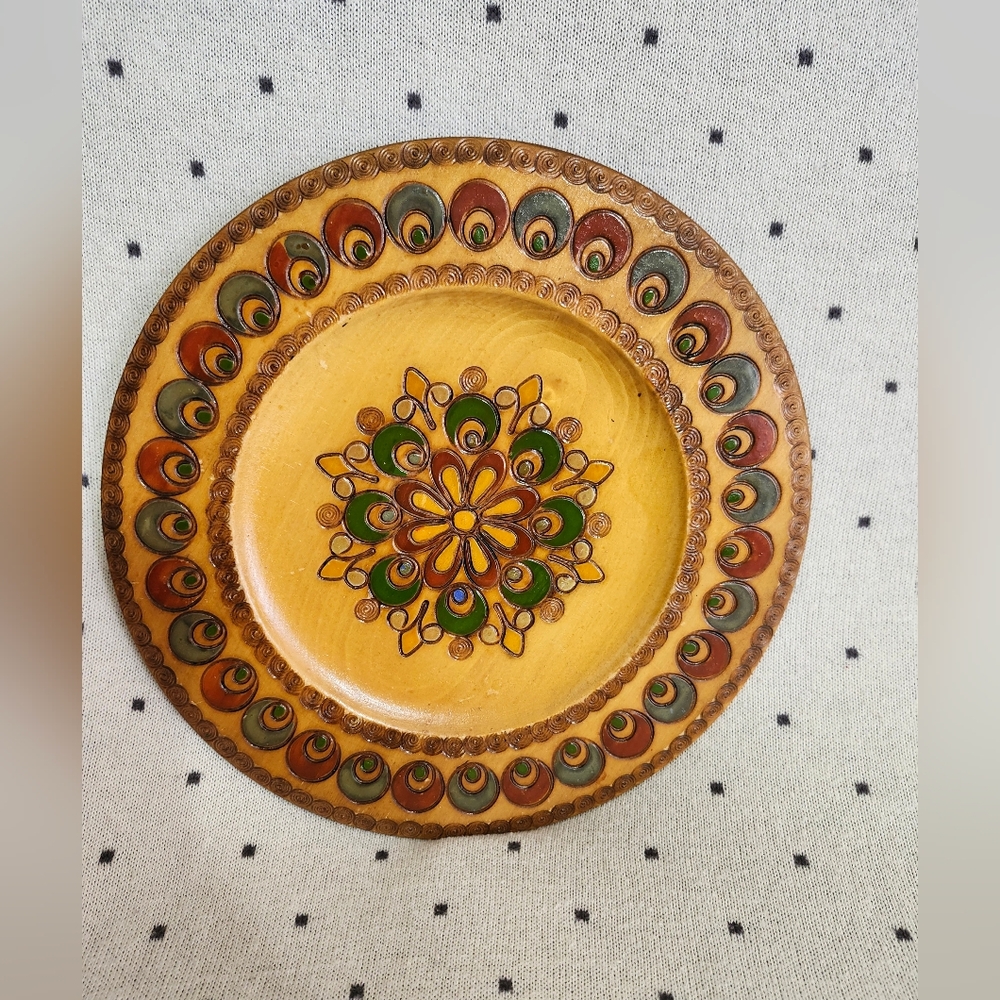 Polish Wood Plate Pyrography 9.25” Folk Art Floral Theme Vintage Slavic Art